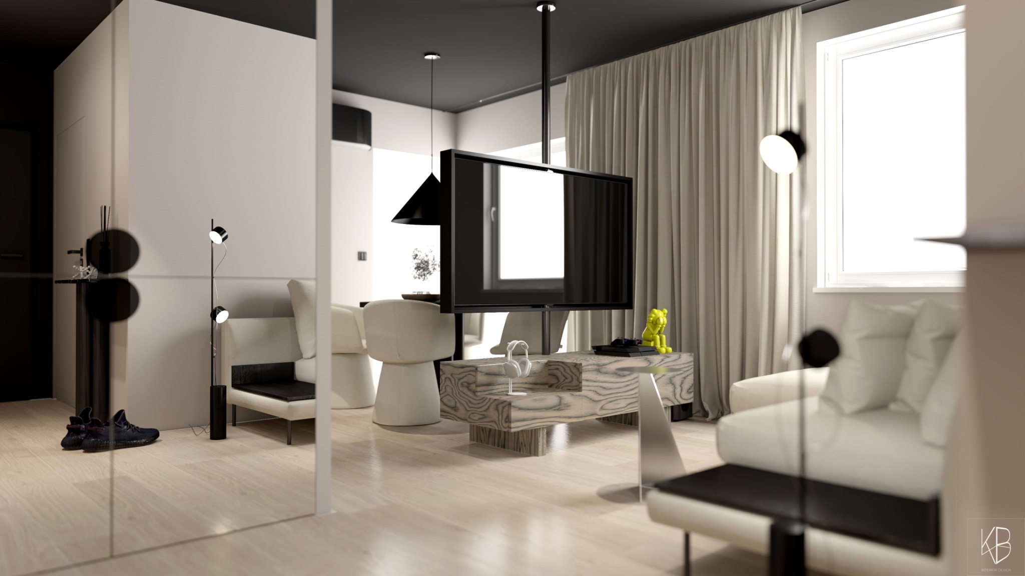 Nowoczesny salon z beżowymi zasłonami, białymi meblami i wiszącym telewizorem. Minimalistyczny design z akcentami czerni i drewna. Widok przez szklaną taflę.