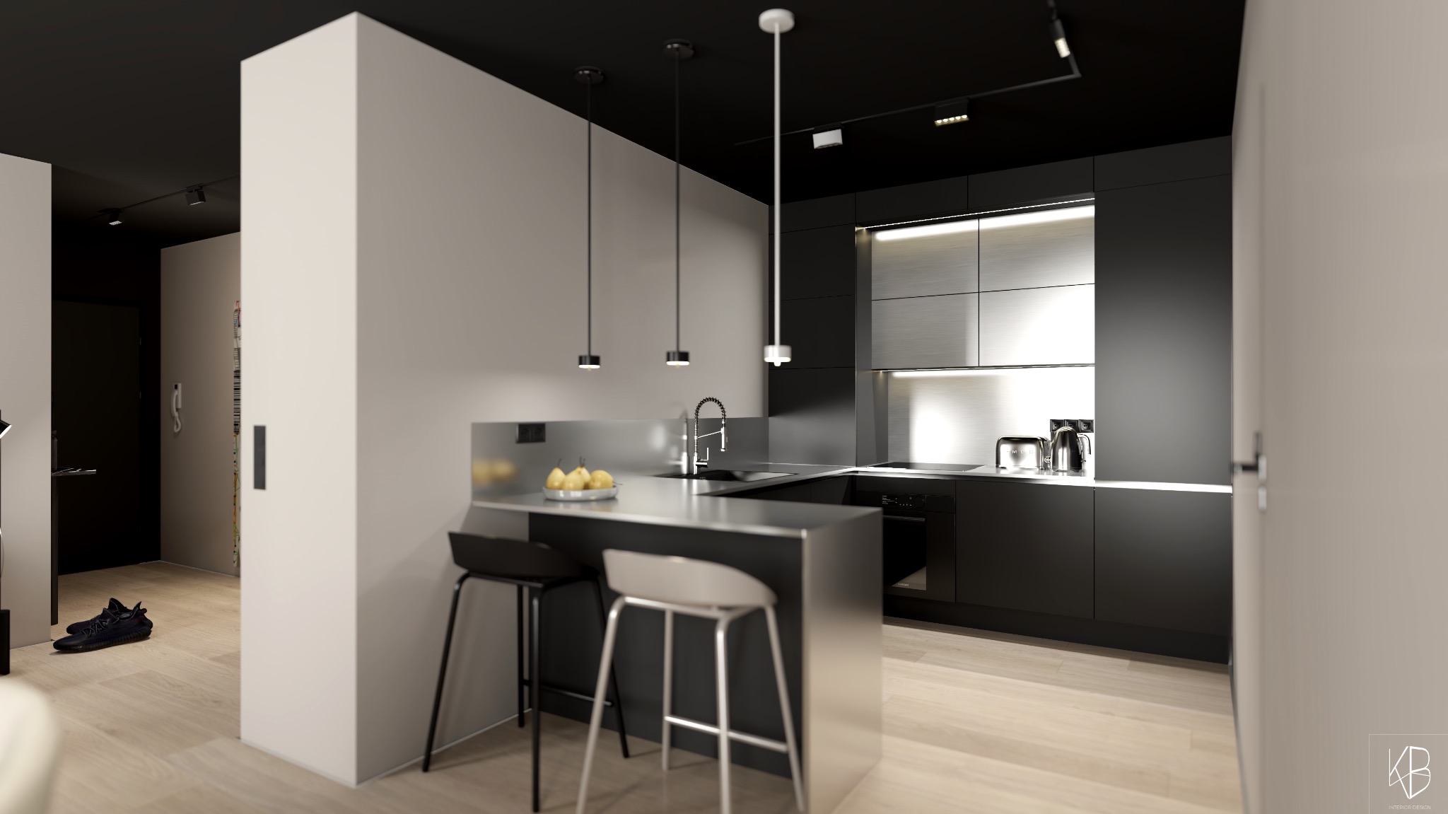 Nowoczesna, minimalistyczna kuchnia w odcieniach szarości i czerni z wyspą i hokerami, oświetlona wiszącymi lampami. Widok na przedpokój z obuwiem.