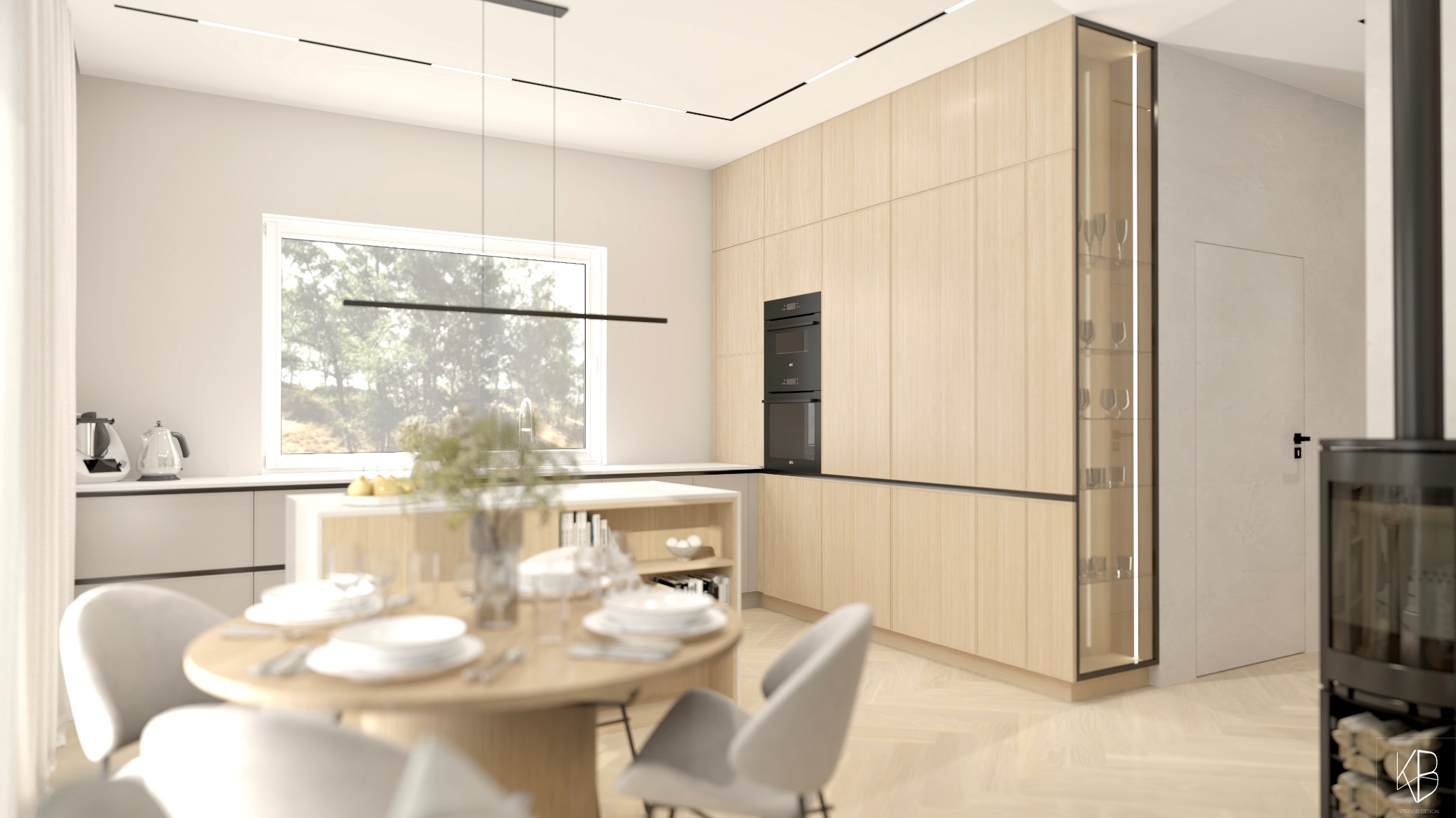 Jasna kuchnia z drewnianymi frontami, okrągłym stołem i krzesłami. Minimalistyczne oświetlenie i zabudowa piekarnika. Stonowana kolorystyka wnętrza, widok na zieleń za oknem.