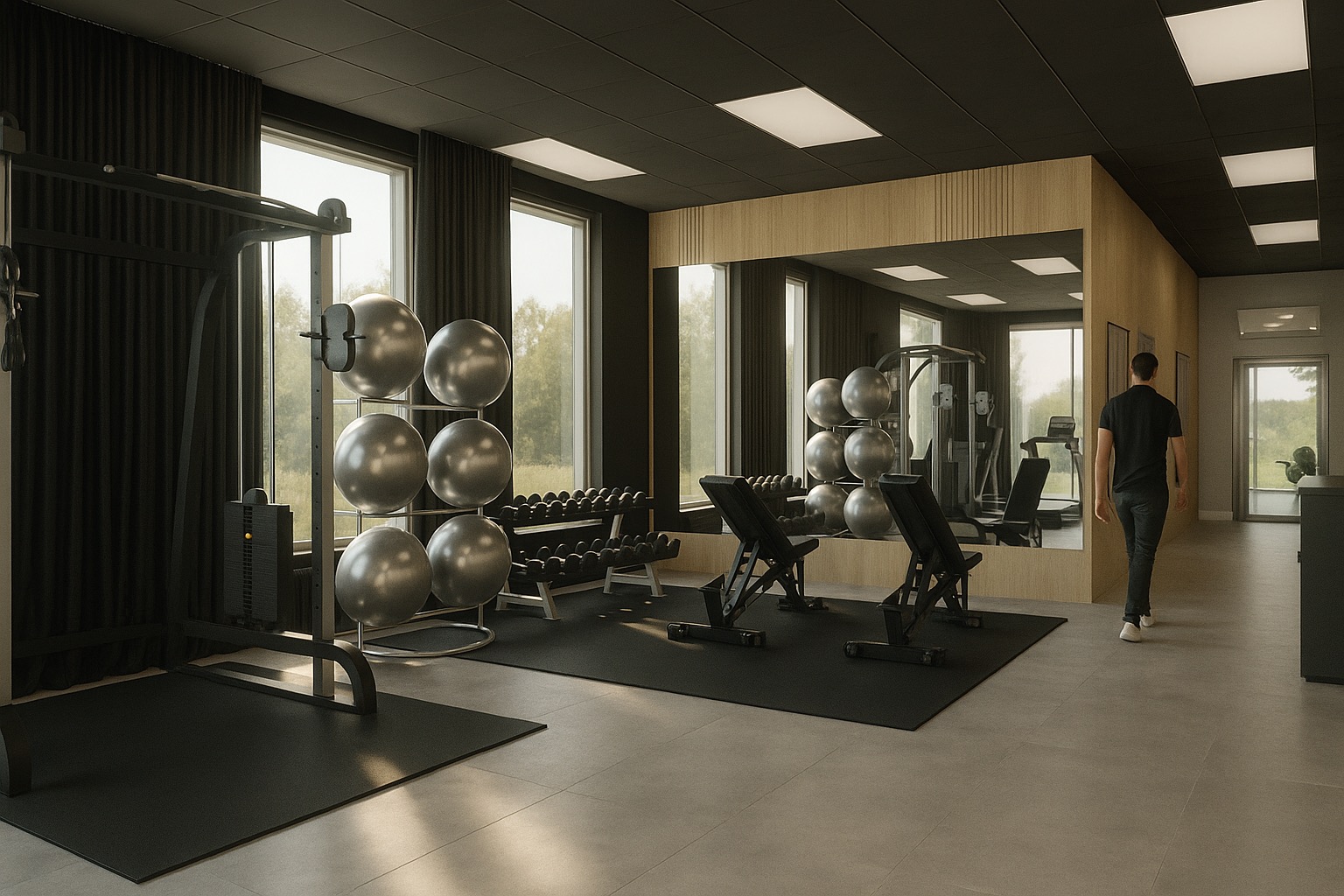 Nowoczesna siłownia w minimalistycznym stylu z dużymi oknami, wyposażona w sprzęt do ćwiczeń siłowych i kardio. W tle widoczna osoba wchodząca do pomieszczenia.