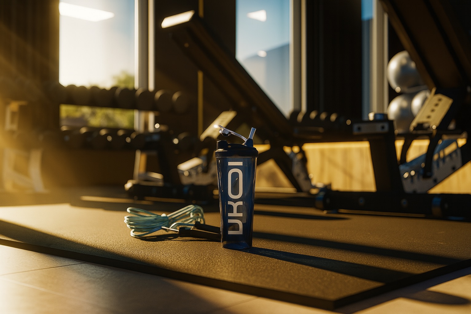 Bidon UKOI i skakanka na macie w siłowni, w tle sprzęt do ćwiczeń i okno z widokiem na zieleń. Ciepłe światło słoneczne.