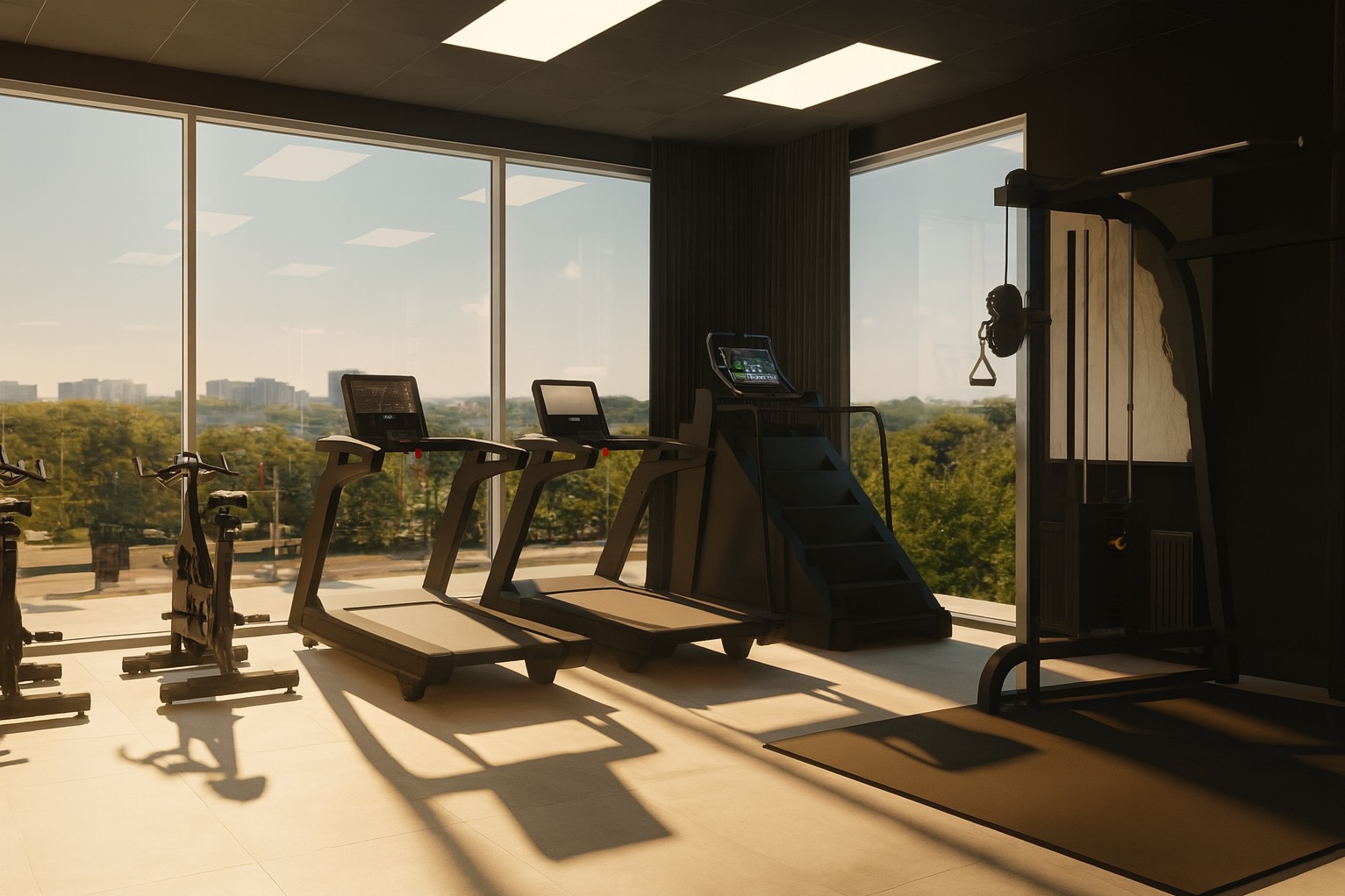 Nowoczesna siłownia w minimalistycznym stylu z widokiem na zieleń. Bieżnie, rower stacjonarny i maszyna do ćwiczeń siłowych w stonowanej kolorystyce.