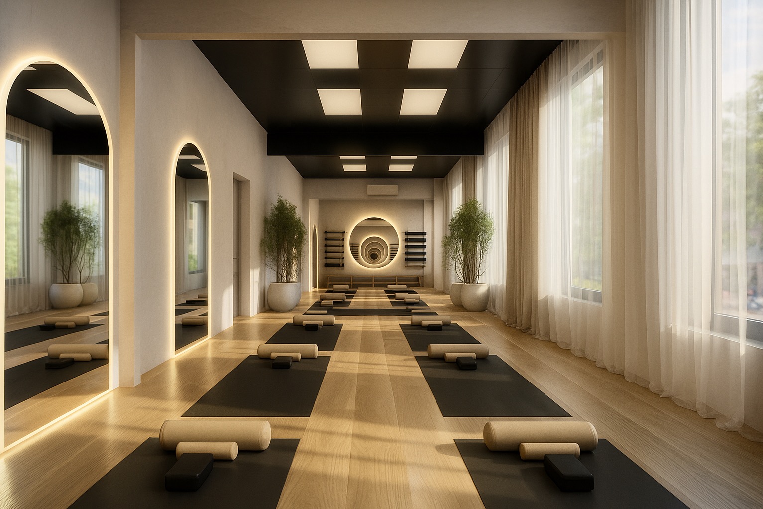 Jasne studio jogi z drewnianą podłogą, czarnym sufitem i dużymi oknami z zasłonami. Maty do ćwiczeń ułożone w rzędach, lustra w łukowych ramach i rośliny w donicach.