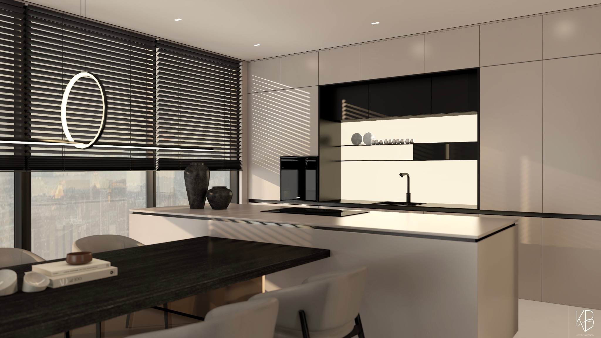 Nowoczesna kuchnia z wyspą i czarnymi akcentami: żaluzje, sprzęt AGD, armatura. Minimalistyczny design, oświetlenie LED, widok na miasto. Eleganckie wazony dekoracyjne.
