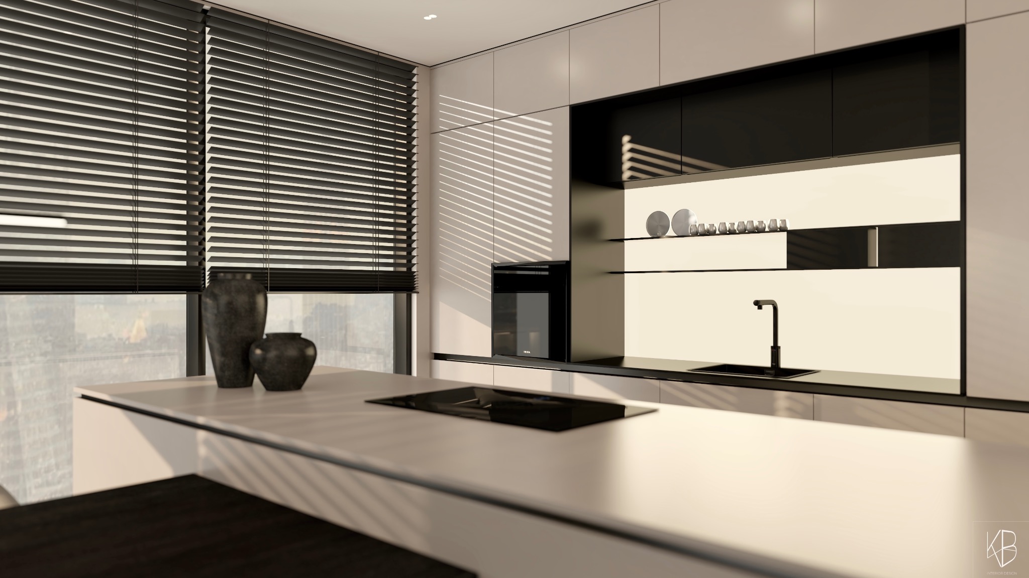 Minimalistyczna kuchnia w bieli i czerni z żaluzjami poziomymi, oświetlona promieniami słońca. Na blacie dekoracyjne wazony, w tle zabudowa kuchenna z piekarnikiem i półkami.
