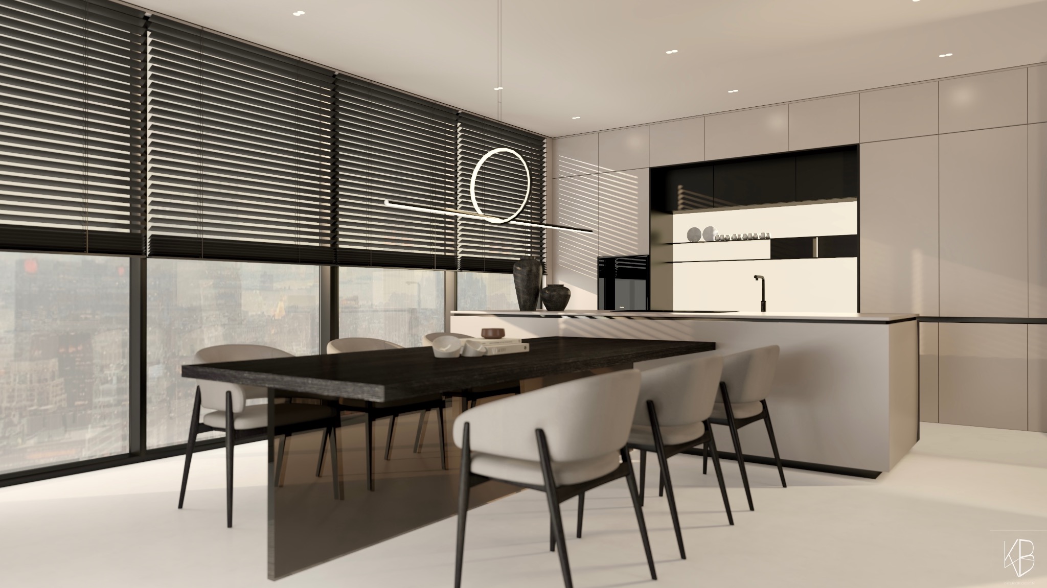 Nowoczesna jadalnia z ciemnym drewnianym stołem i krzesłami w odcieniach beżu, na tle zabudowy kuchennej i okna z widokiem na miasto. Minimalistyczna lampa.