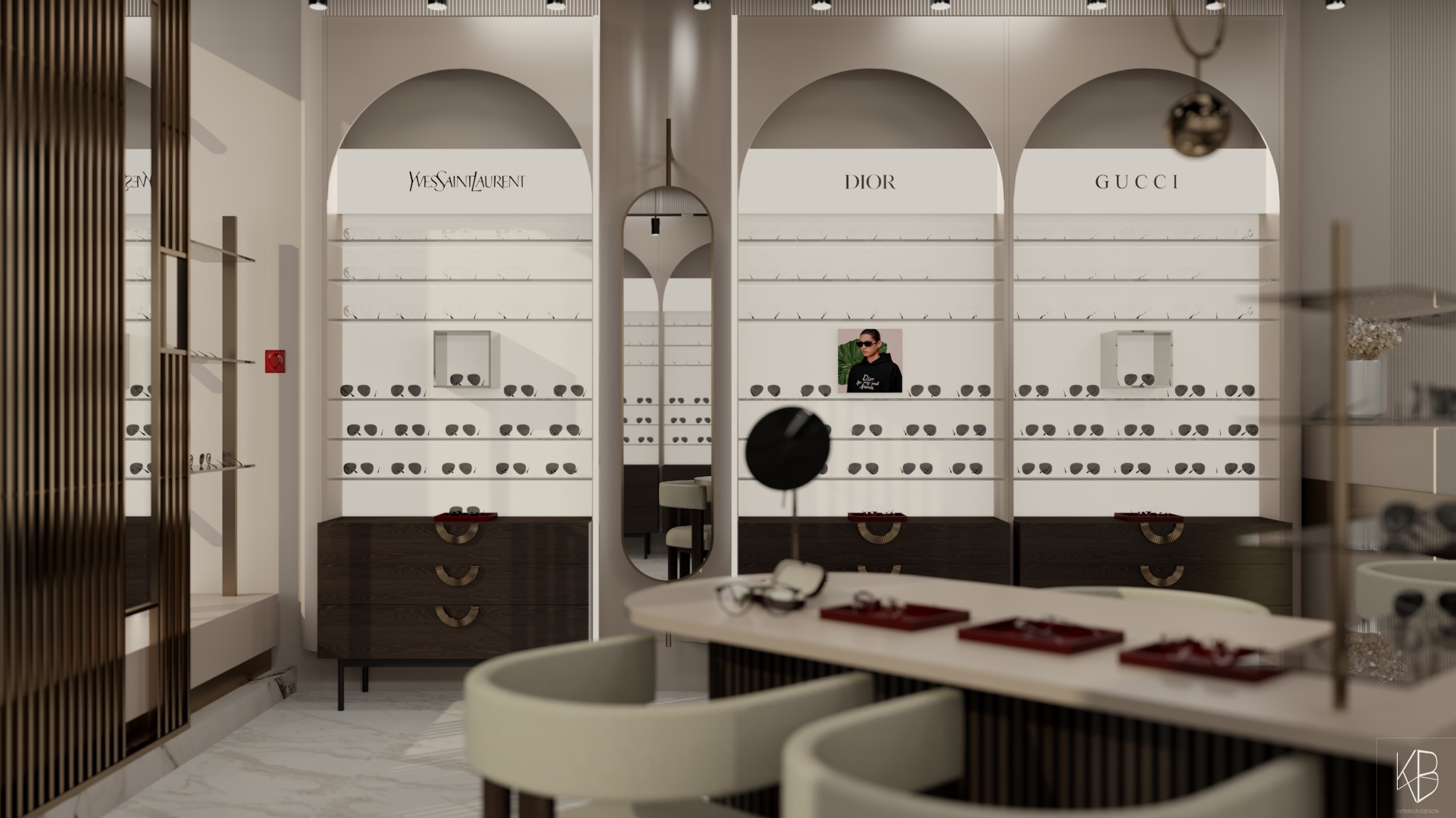 Elegancki projekt wnętrza salonu optycznego z ekspozycją okularów marek YSL, Dior i Gucci. Jasne kolory, drewniane akcenty, minimalistyczny design.