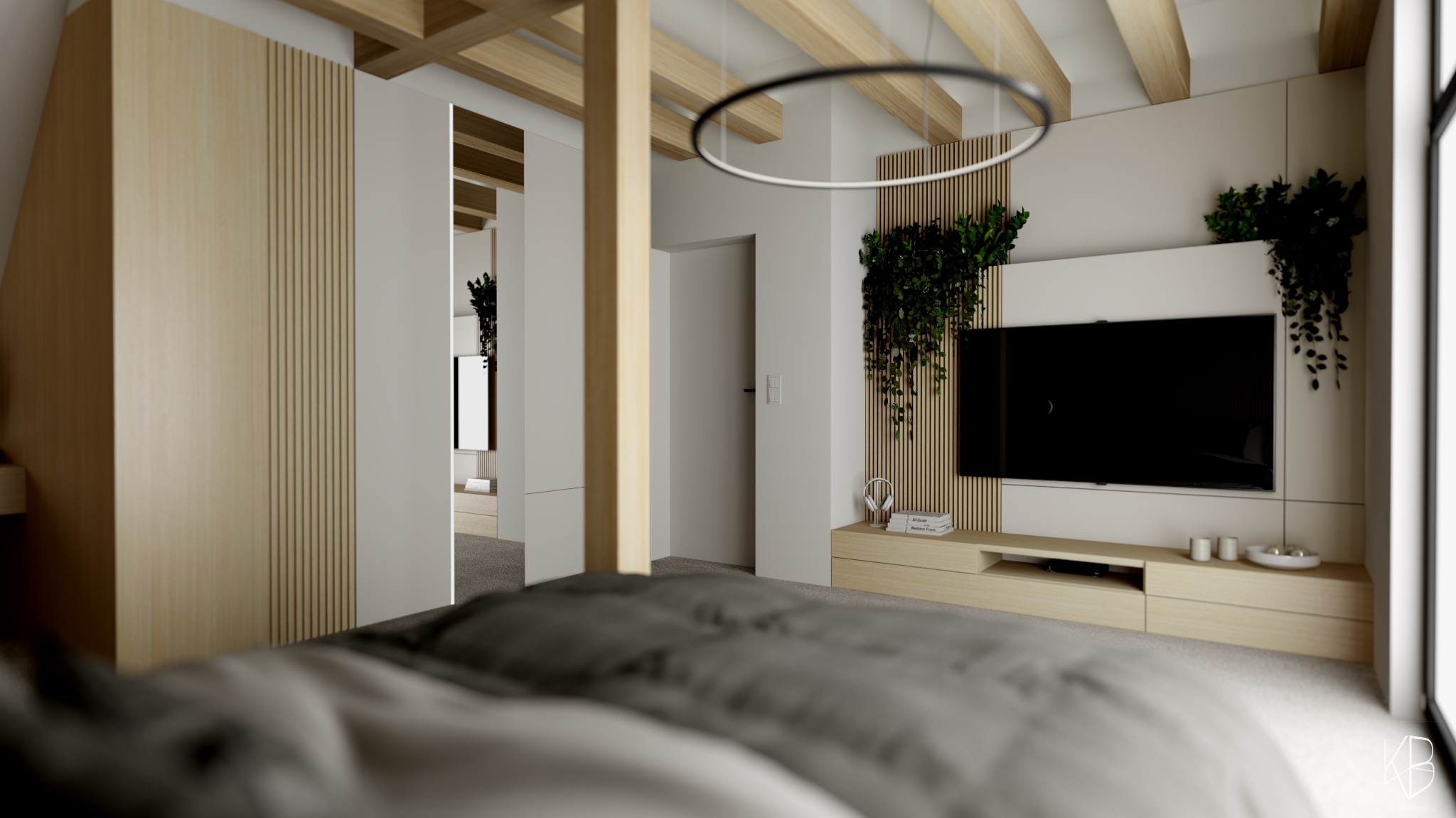 Nowoczesna sypialnia z drewnianymi elementami dekoracyjnymi, roślinami wiszącymi i minimalistycznym oświetleniem. Widok z perspektywy łóżka na ścianę z telewizorem.