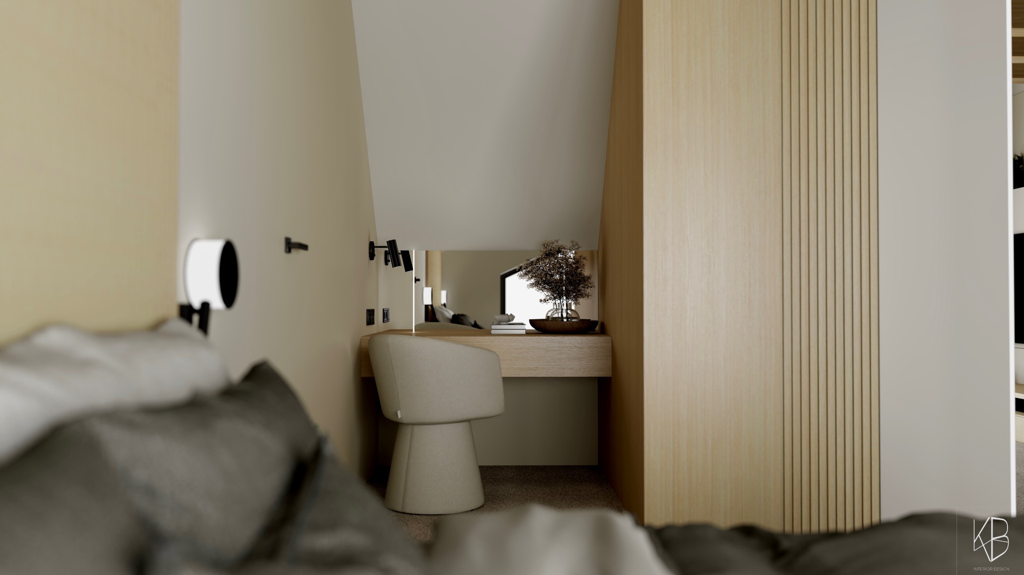 Nowoczesna sypialnia na poddaszu w Bydgoszczy: biurko z krzesłem, drewniana szafa z pionowymi listwami, dekoracje. Widok zza łóżka. Stonowana kolorystyka.