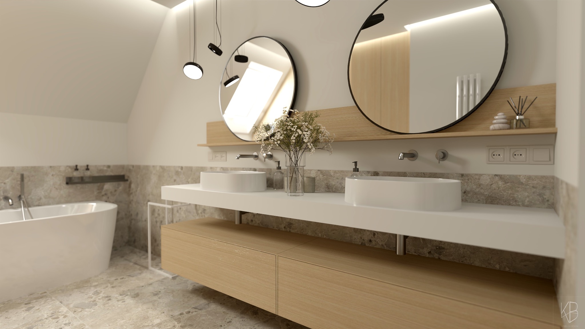 Nowoczesna łazienka z dwoma okrągłymi lustrami, białymi umywalkami nablatowymi i drewnianą szafką pod umywalką. Marmurowe płytki na ścianach i podłodze.