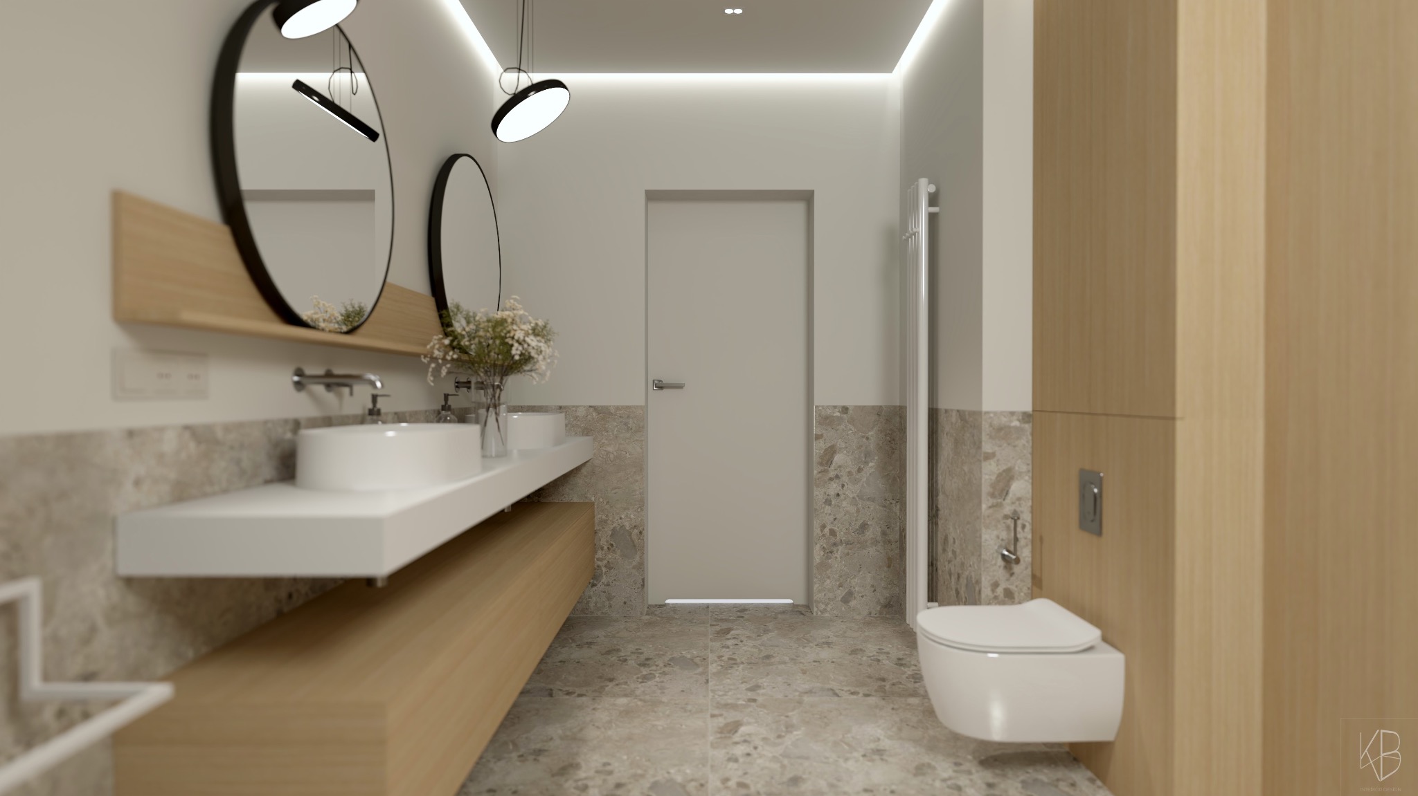 Nowoczesna łazienka z dwoma okrągłymi lustrami, białymi umywalkami i drewnianą szafką. Marmurowe wykończenie ścian i podłogi dodaje elegancji. Minimalistyczne oświetlenie.