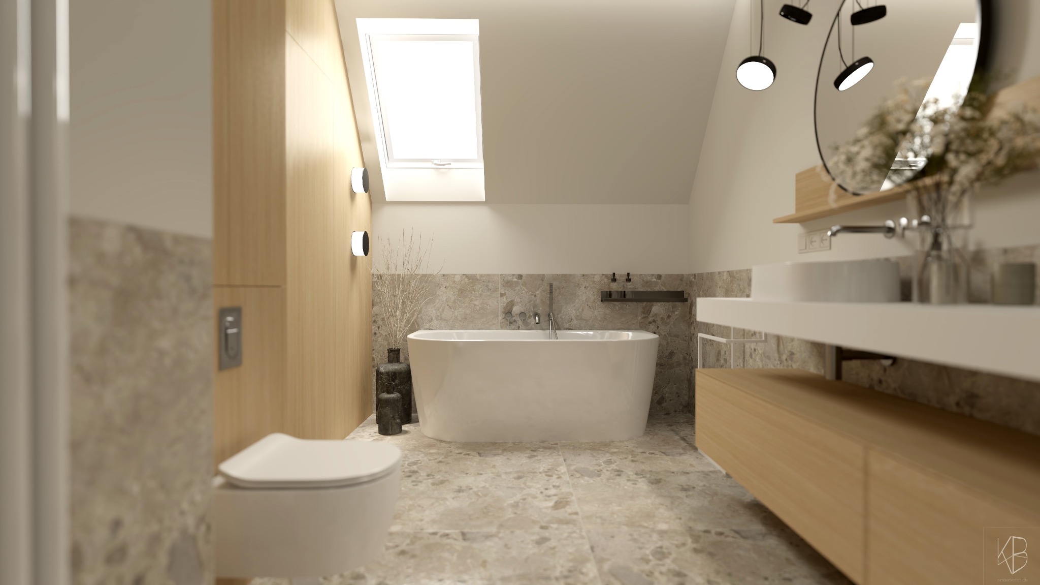 Jasna łazienka na poddaszu z wanną, umywalką na szafce i toaletą. Uwagę zwraca okrągłe lustro z oświetleniem i marmurowa okładzina ścian.