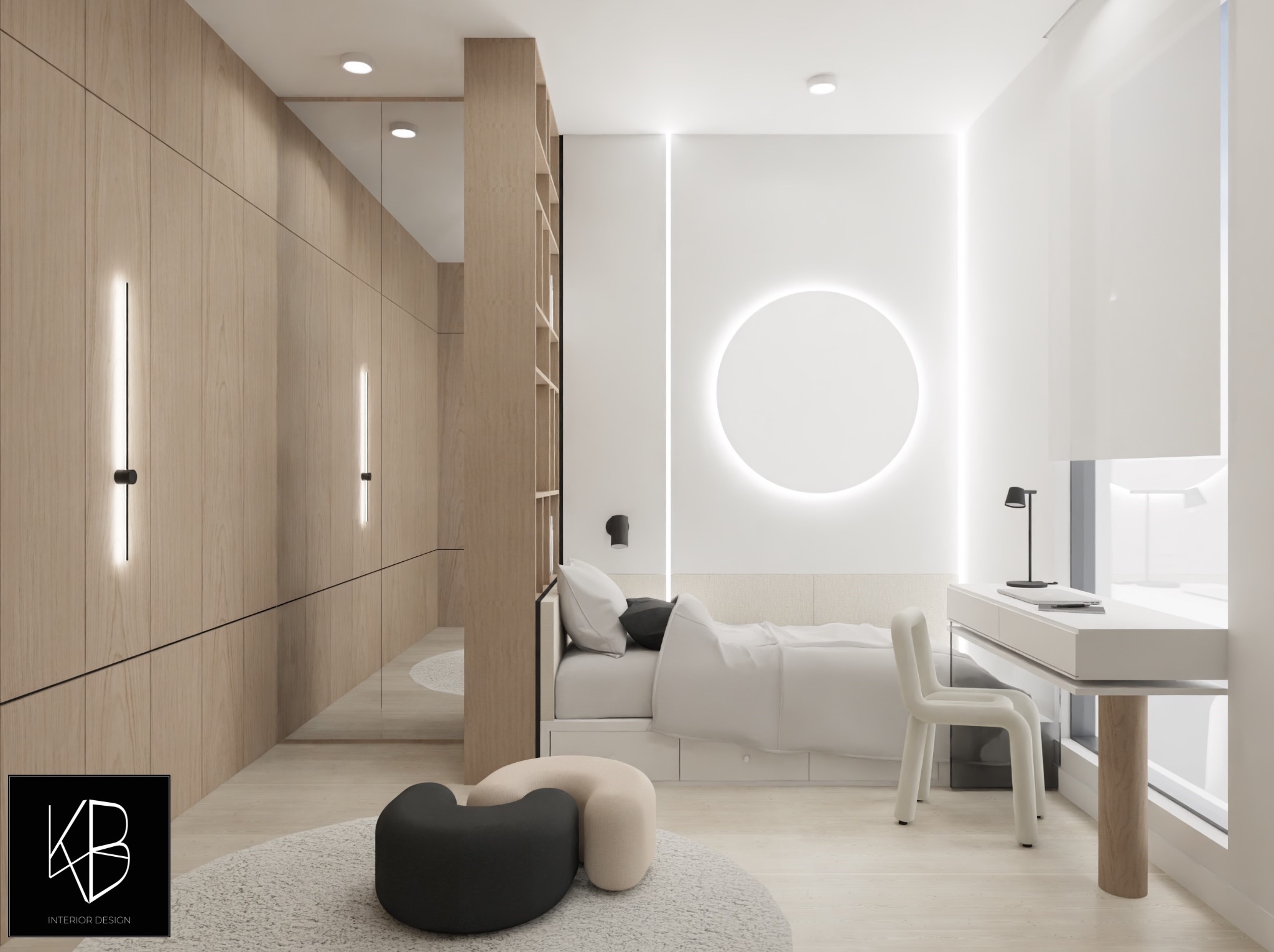 Nowoczesna sypialnia z drewnianą zabudową ściany, podświetlanymi pionowymi lampami, okrągłym neonem nad łóżkiem, biurkiem z drewnianą nogą i designerskimi pufami na puszystym dywanie.