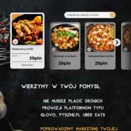 Projekt strony internetowej restauracji z menu lunch boxów: Wołowina Chilli, Kurczak w ziołach, Meksykańska micha, z cenami i możliwością zamówienia online.