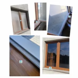 Kolaż zdjęć okien przed i po umyciu. Widoczne okna z brudnymi szybami oraz czyste okna z odbiciem nieba. Drewniane ramy okienne w różnych ujęciach.