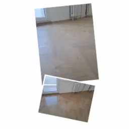 Parkiet w jodełkę przed i po czyszczeniu: matowy, brudny vs. lśniący, czysty. Widoczne okno i grzejnik.