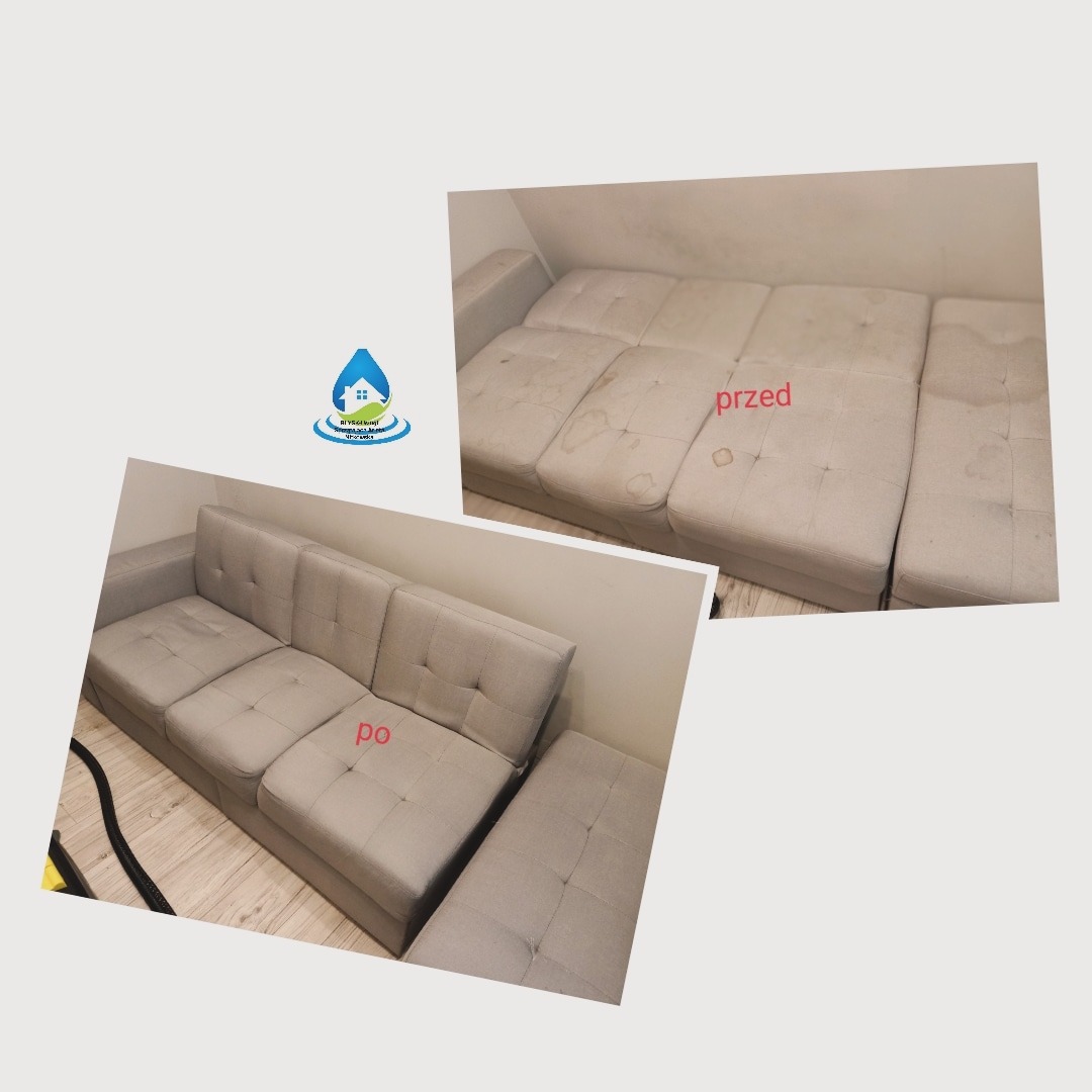 Beżowa sofa modułowa: u góry widok 'przed' z widocznymi plamami, u dołu 'po' czyszczeniu, z boku logo firmy czyszczącej.