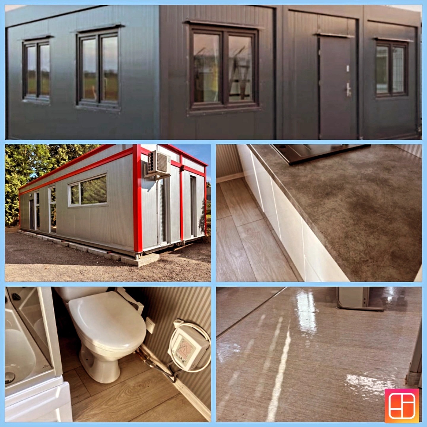 Wnętrze i elewacja kontenera mieszkalnego: widok okien, kuchni z blatem, toalety i umytej, lśniącej podłogi. Modułowa konstrukcja z wyposażeniem.