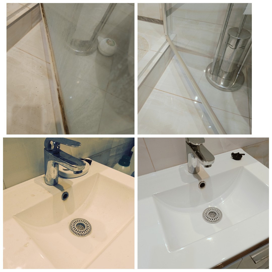 Kafelki i kabina prysznicowa przed i po czyszczeniu. Bateria umywalkowa przed i po. Widoczne różnice w czystości i połysku.