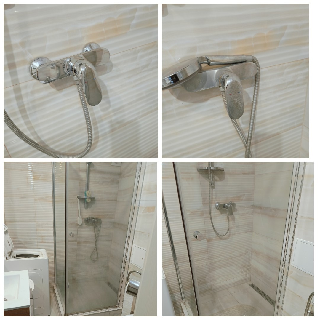Kafelkowana kabina prysznicowa przed i po czyszczeniu. Widoczna armatura pokryta osadem, a następnie lśniąca czystością. Efekt sprzątania po remoncie.