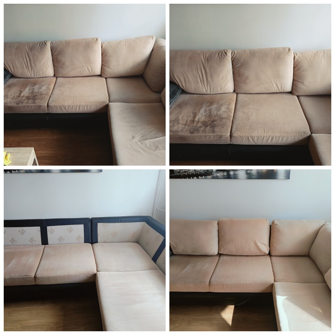 Kolaż przedstawia sofę narożną przed i po czyszczeniu. Widoczne różnice w kolorze i usunięte zabrudzenia na tapicerce w odcieniach beżu.