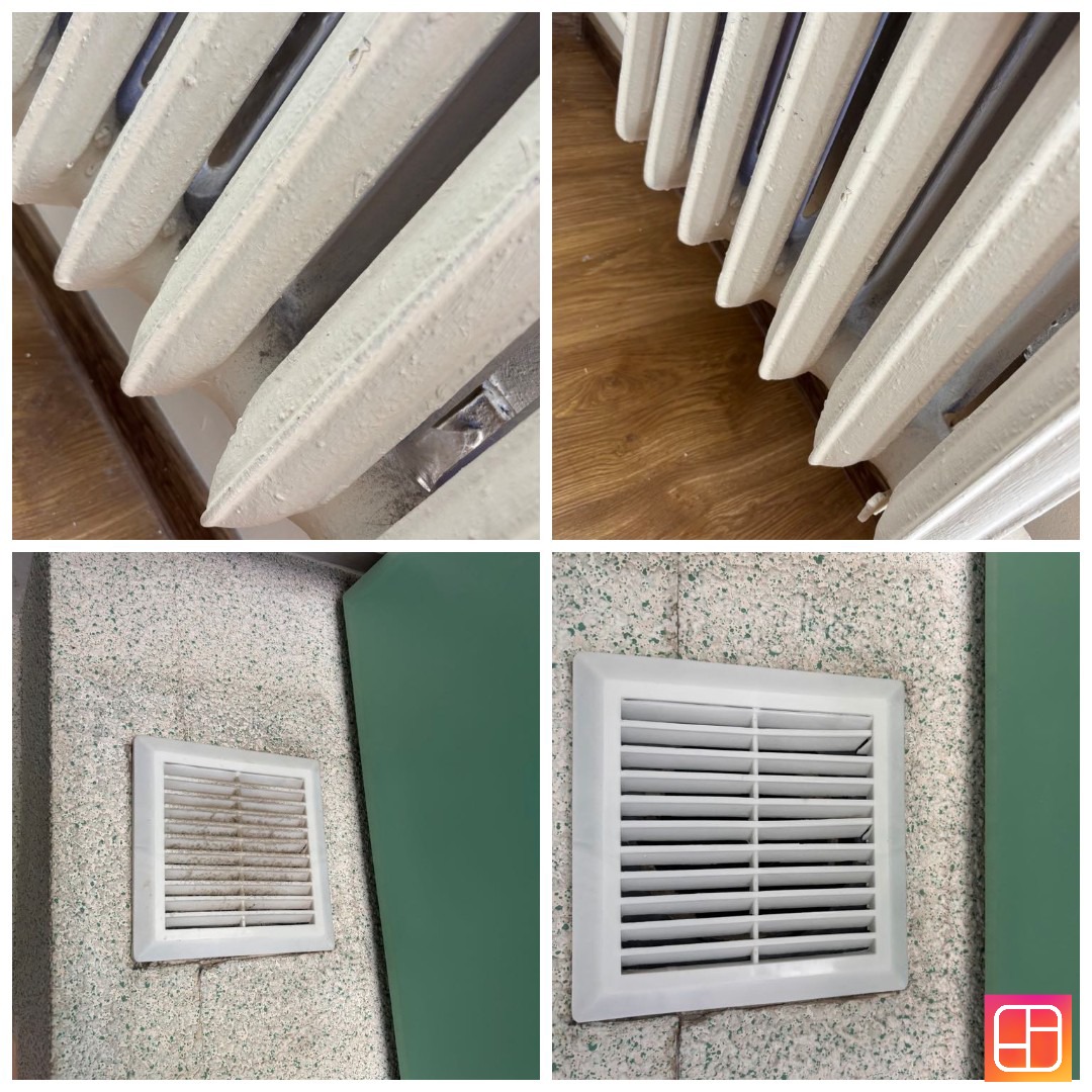 Kolaż 'przed i po': czyszczenie grzejnika i kratki wentylacyjnej. Grzejnik z resztkami farby vs. czysty, kratka brudna vs. odświeżona. Efekt sprzątania po remoncie.