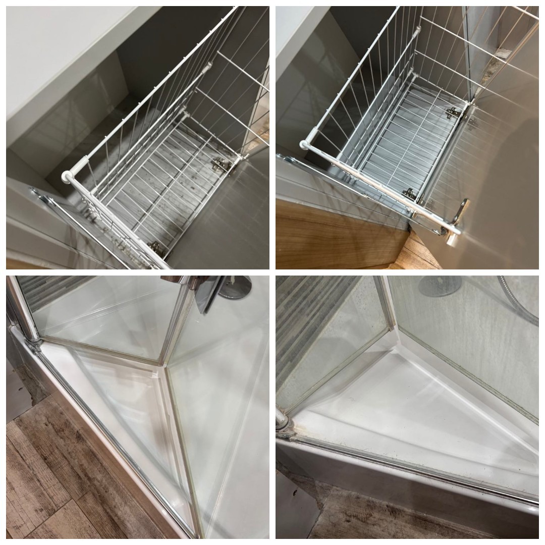 Porównanie czystości: wysuwana metalowa półka i narożna kabina prysznicowa przed i po sprzątaniu. Widoczne różnice w połysku i czystości powierzchni.