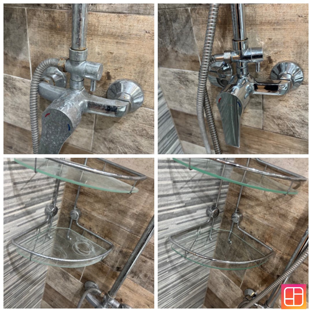 Kafelkowana ściana prysznica: porównanie czystości baterii i półki narożnej przed i po czyszczeniu. Bateria lśni, półka bez osadu. Efekt sprzątania.