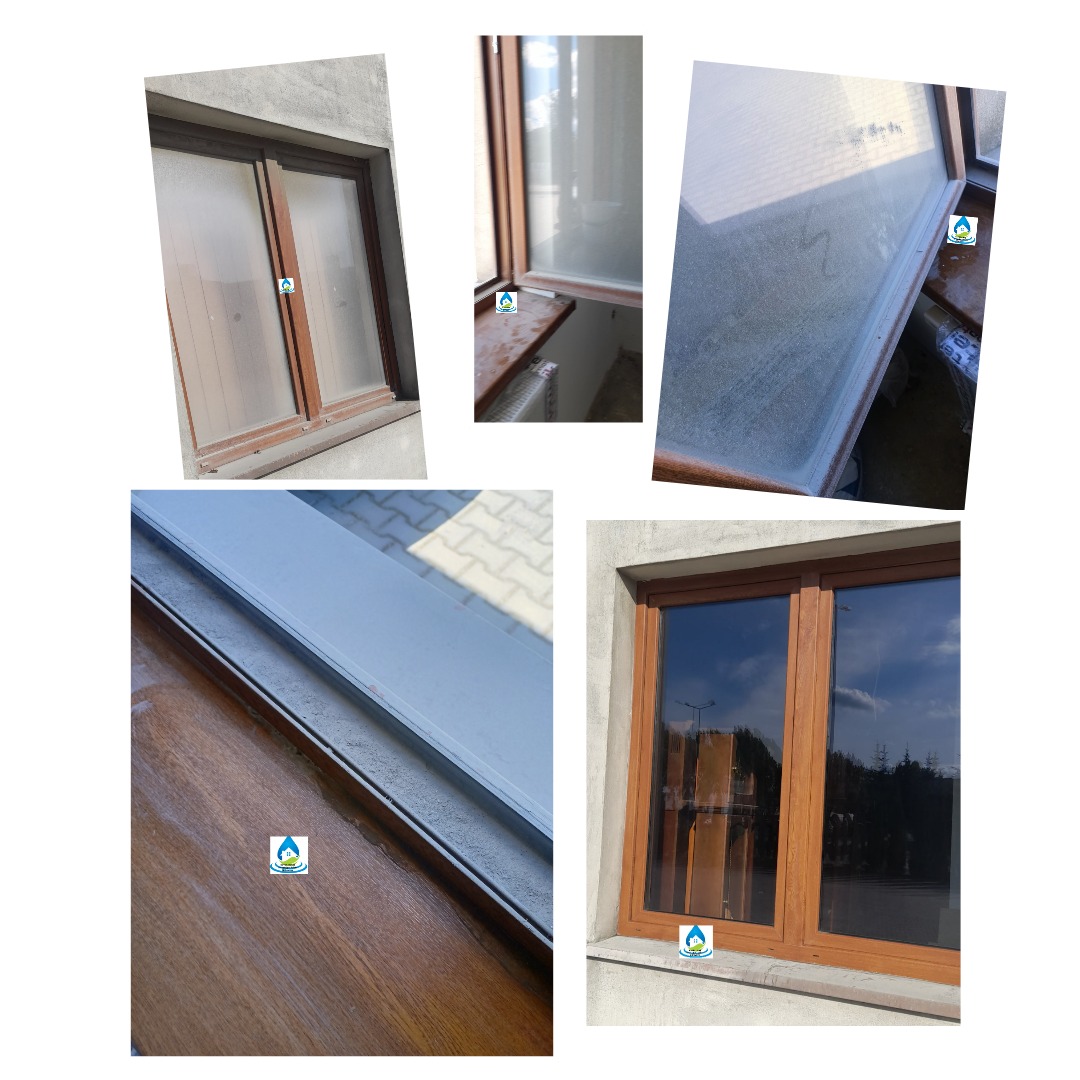 Kolaż zdjęć okien przed i po umyciu. Widoczne okna z brudnymi szybami oraz czyste okna z odbiciem nieba. Drewniane ramy okienne w różnych ujęciach.