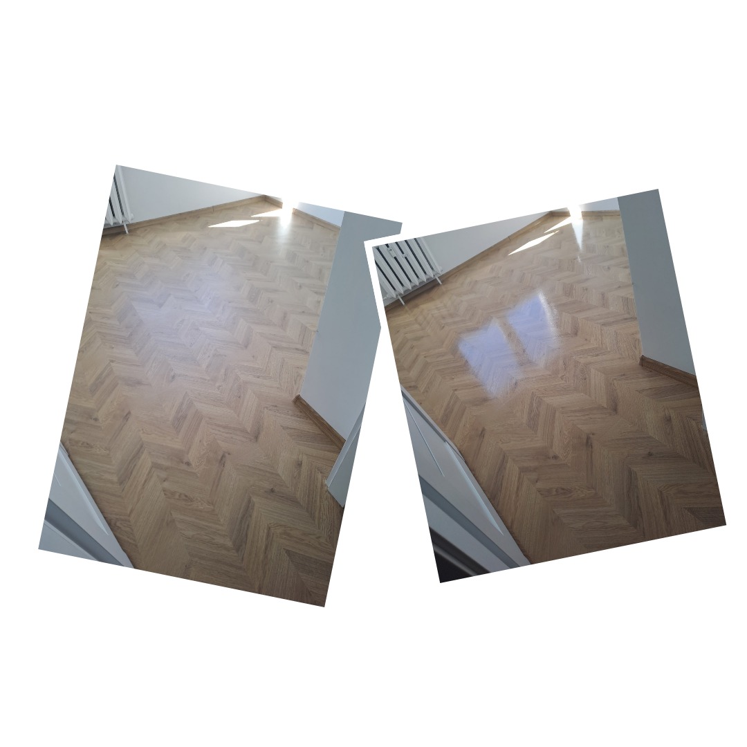 Parkiet ułożony we wzór jodełki, po konserwacji. Widoczne odbicia światła na lakierowanej powierzchni. Czyste, białe ściany i grzejnik. Podłoga po zabiegach pielęgnacyjnych.