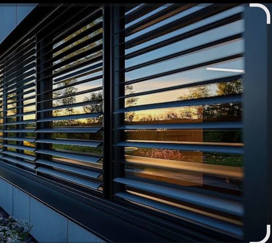 Zewnętrzne żaluzje fasadowe w kolorze antracytowym, zamontowane na oknie budynku. Widoczny krajobraz odbijający się w szybach, zachód słońca. Nowoczesna architektura.