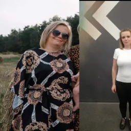 Kobieta przed i po zmianie sylwetki, widoczne różnice w wyglądzie i ubiorze, na drugim planie siano i szara ściana z białymi strzałkami.