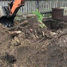 Pomarańczowa koparka z łyżką częściowo zagłębiona w ziemi, usuwająca korzeń drzewa w pobliżu drewnianego ogrodzenia i kompostownika.