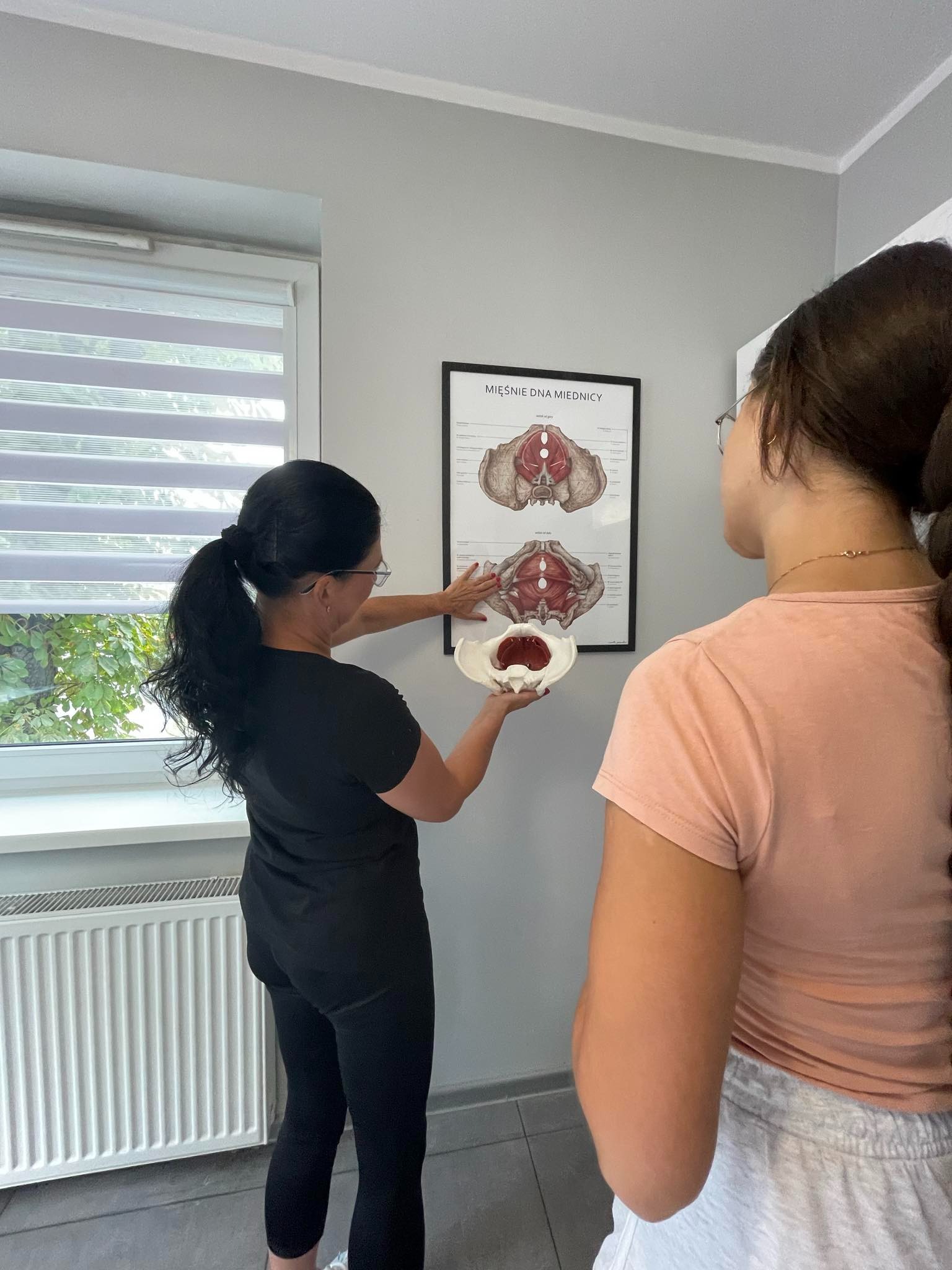 Instruktorka prezentuje model miednicy kobiecej pacjentce, obok plakat z anatomią mięśni dna miednicy w gabinecie z oknem i grzejnikiem.