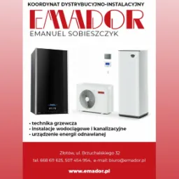 Reklama firmy Emador Emanuel Sobieszczyk z Złotowa, prezentująca czarny kocioł grzewczy, klimatyzator i zbiornik na wodę, podkreślająca technologię grzewczą, instalacje wodociągowe i kanalizacyjne...