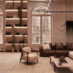 Salon w odcieniach beżu i brązu z drewnianą podłogą ułożoną we wzór, regał z podświetlanymi półkami pełen dekoracyjnych przedmiotów, skórzana sofa z poduszkami i minimalistyczny stolik kawowy.