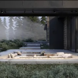 Zadaszona przestrzeń wypoczynkowa z paleniskiem i niskimi siedziskami na zewnątrz nowoczesnego domu z widokiem na zalesiony krajobraz w tle.