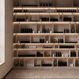 Półki z podświetleniem LED prezentujące kosmetyki i akcesoria w gabinecie stomatologicznym, z dekoracyjnymi złotymi modelami zębów.