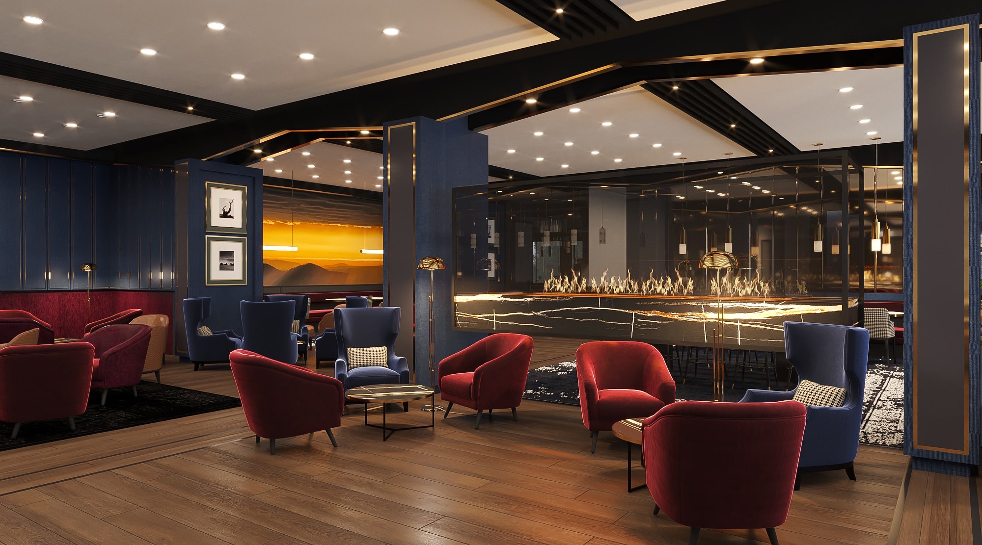 Elegancka poczekalnia z czerwonymi i granatowymi fotelami klubowymi, drewnianą podłogą i dekoracyjnym kominkiem z efektem płomieni.