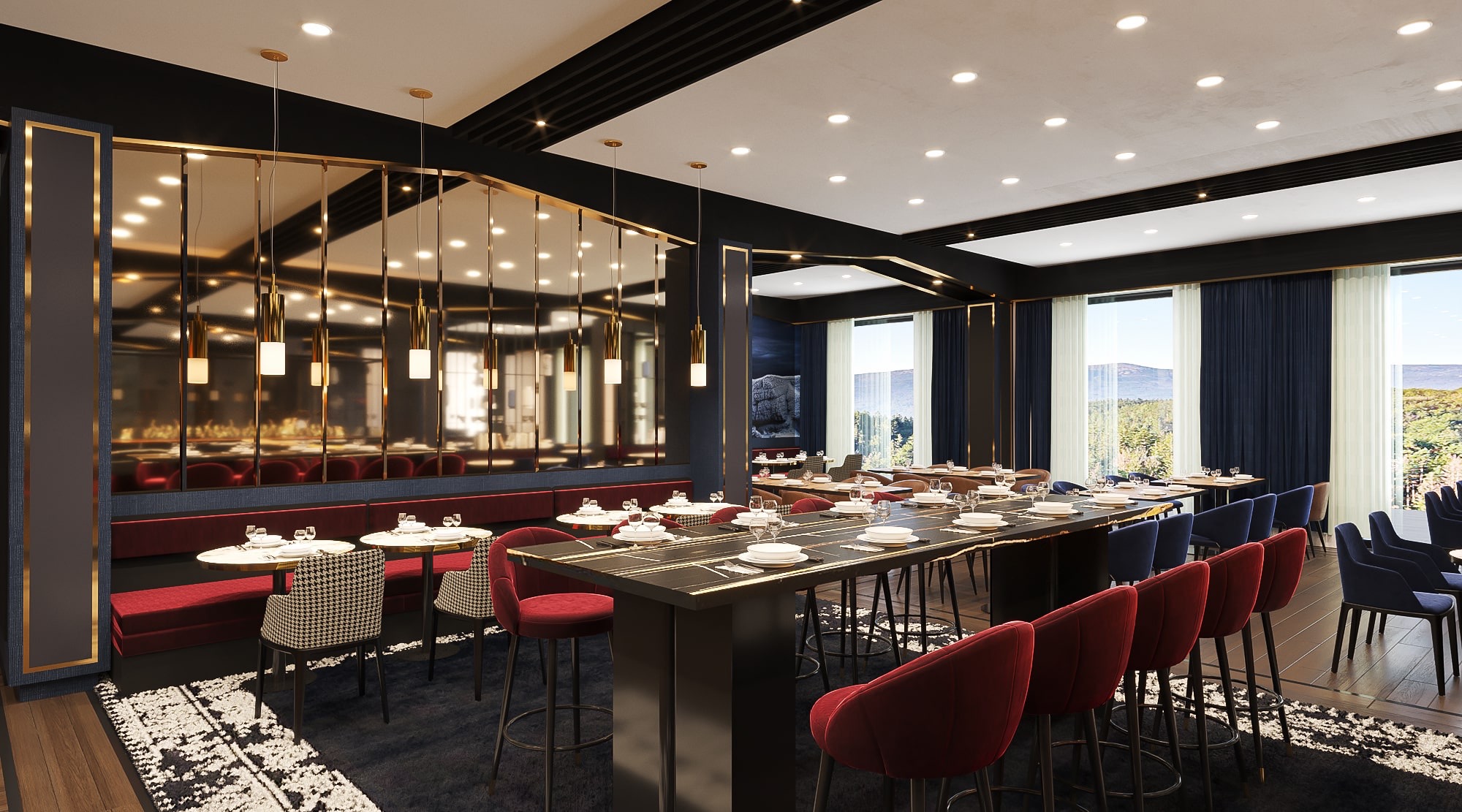 Elegancka sala restauracyjna z długim, czarnym stołem, czerwonymi i niebieskimi krzesłami, lustrzaną ścianą i widokiem na krajobraz za oknem.