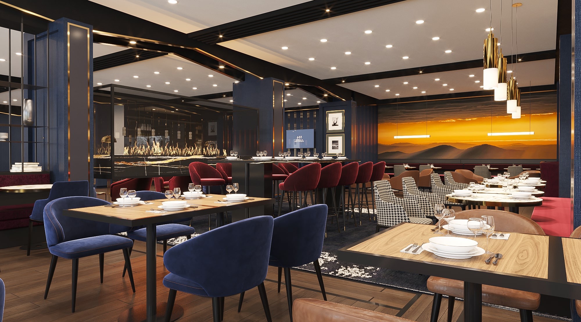 Eleganckie wnętrze restauracji z ciemnoniebieskimi ścianami, drewnianymi stołami z nakryciem, czerwonymi krzesłami barowymi i dekoracyjnym kominkiem w tle. Na ścianie widoczny duży obraz z motywem...