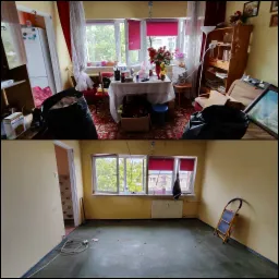 Zdjęcie 'przed i po' przedstawiające pok&oacute;j: na g&oacute;rze zagracony, z workami na śmieci i starymi meblami, a na dole puste pomieszczenie z drabiną opartą o ścianę.