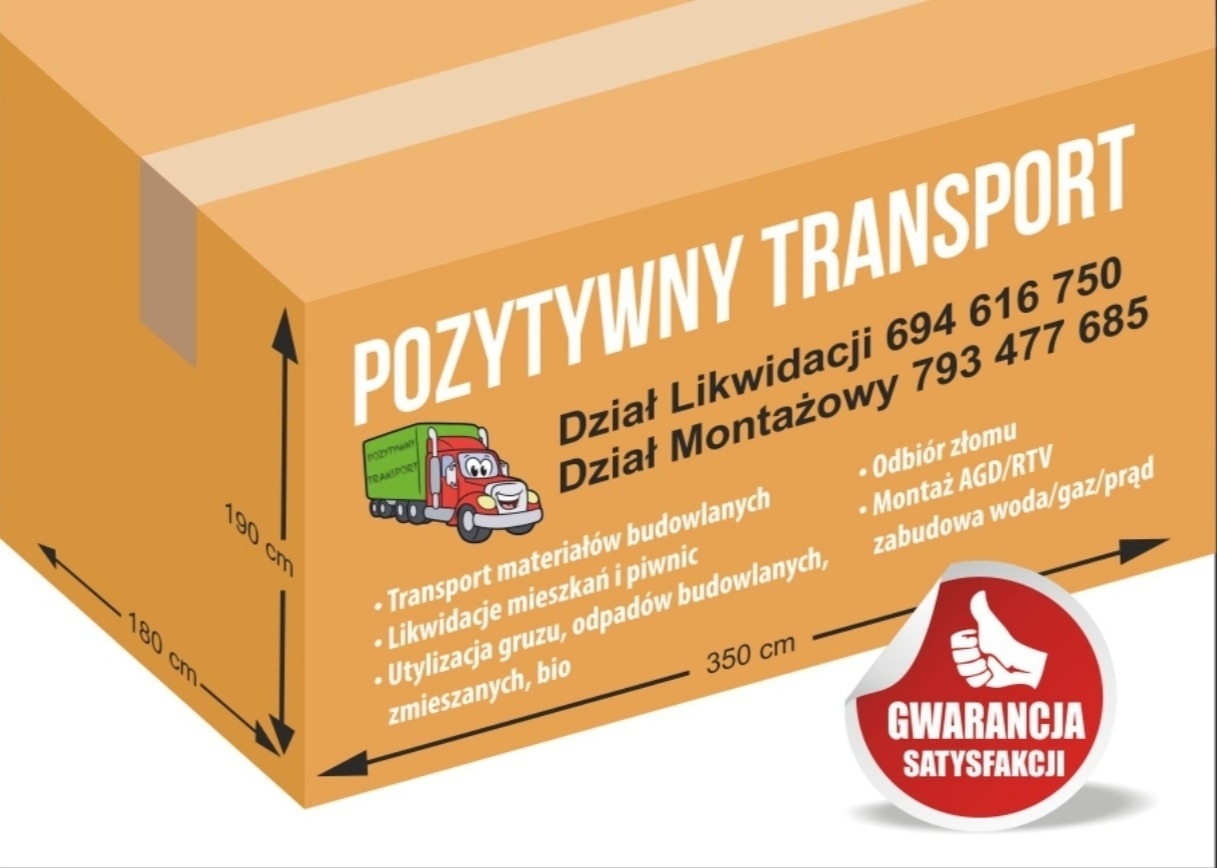 Grafika reklamowa firmy transportowej z informacjami kontaktowymi, oferującej transport materiałów budowlanych, likwidację mieszkań i piwnic, utylizację gruzu, odbiór złomu oraz montaż AGD/RTV.