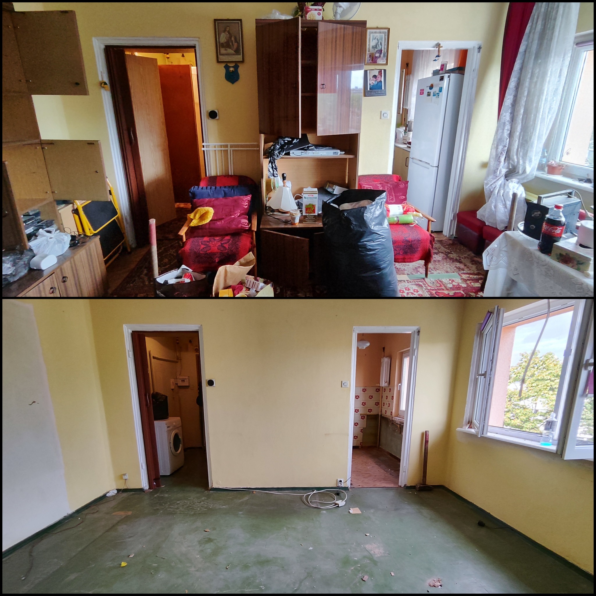 Porównanie stanu mieszkania przed i po usunięciu zbędnych przedmiotów i mebli, widoczne worki na śmieci i puste przestrzenie.