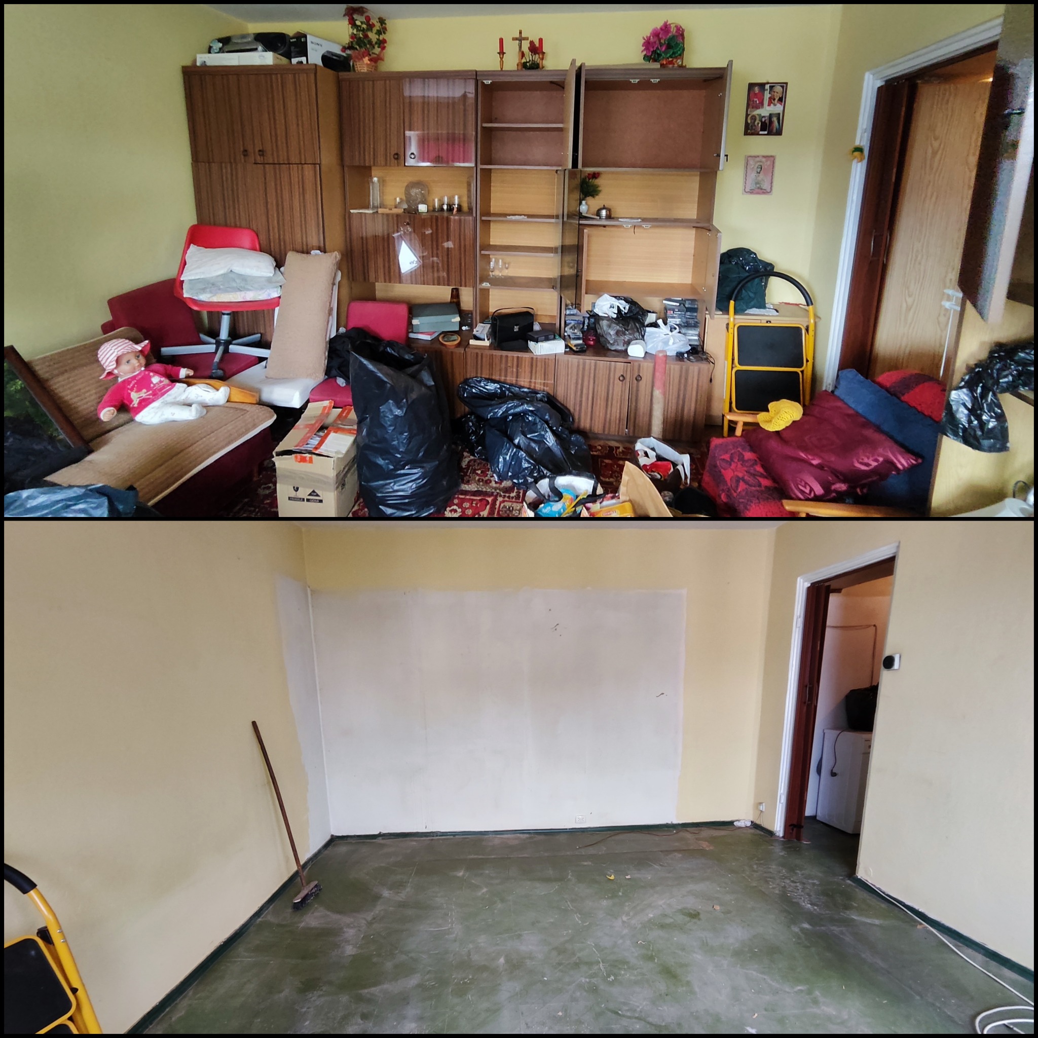 Dwuetapowe ujęcie pokoju: górna część ukazuje zagracone wnętrze z meblami, czarnymi workami i różnymi przedmiotami, w tym lalką na kanapie; dolna część prezentuje ten sam pokój po opróżnieniu,...