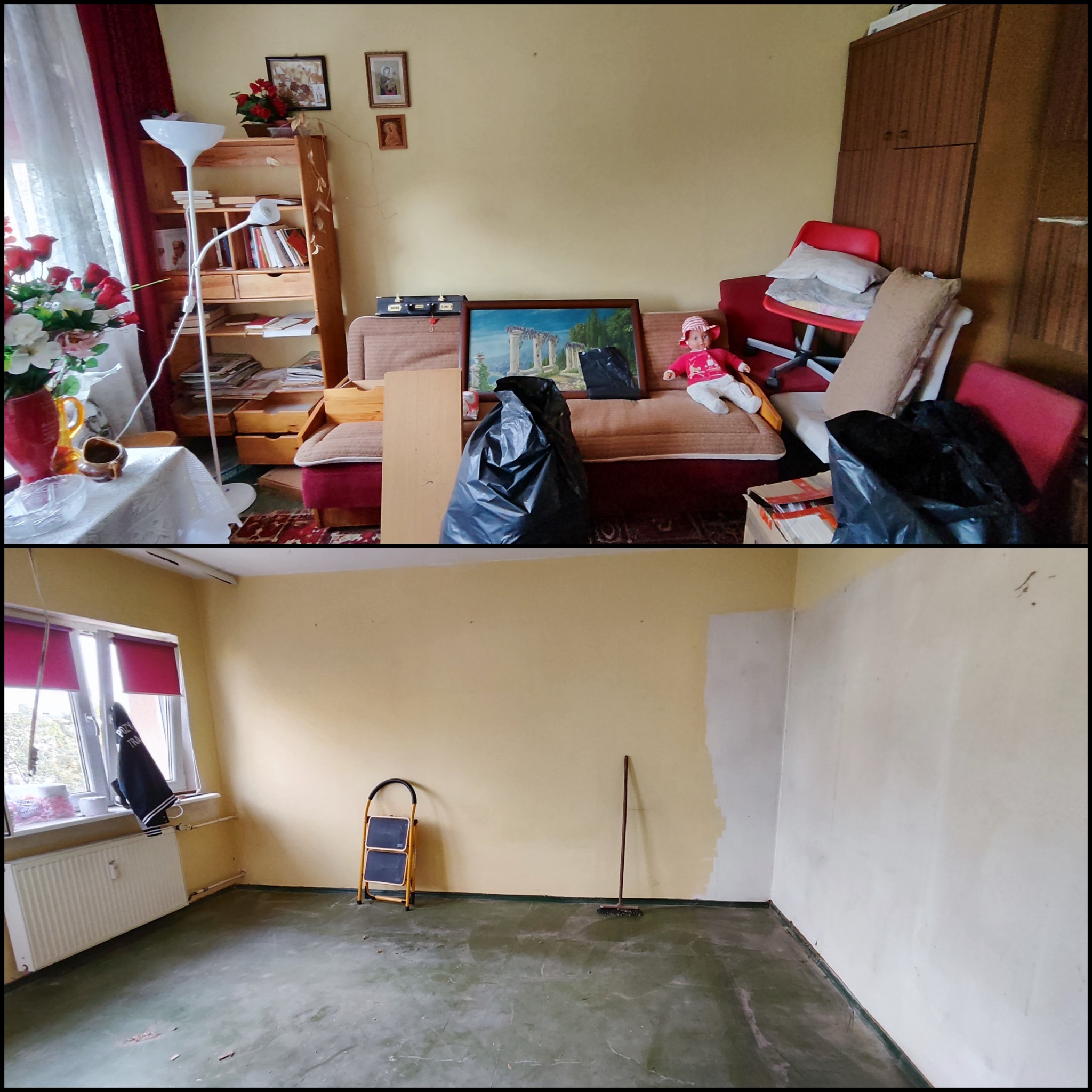 Zdjęcie przedstawia pokój w trakcie opróżniania w Poznaniu, widoczne worki na śmieci, meble i przedmioty przed usunięciem oraz puste pomieszczenie po zakończeniu prac.