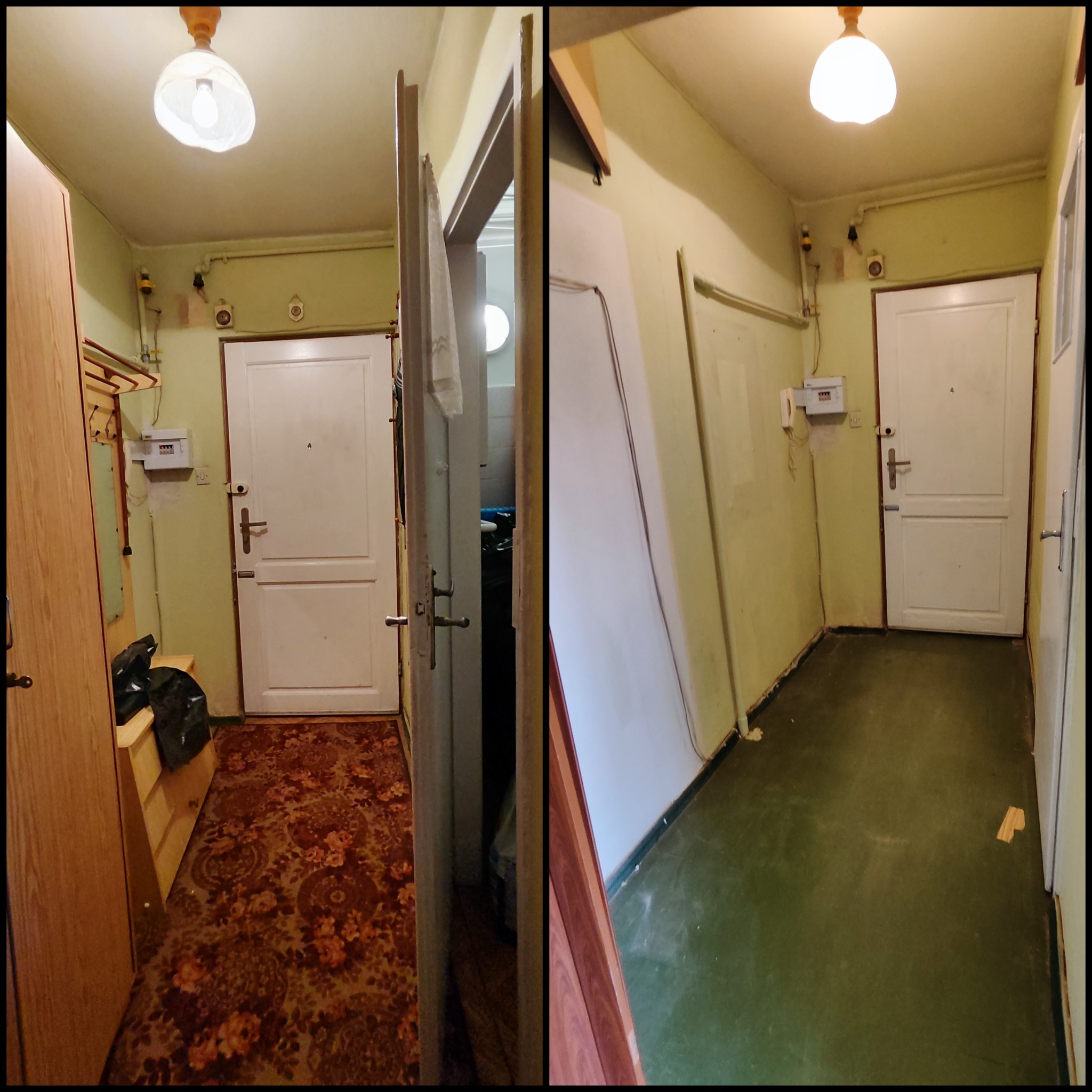 Kadr z remontowanego przedpokoju: widok przed i po usunięciu dywanu, z zieloną podłogą po prawej stronie i wzorzystym dywanem po lewej stronie, ukazujący różnicę w wyglądzie.