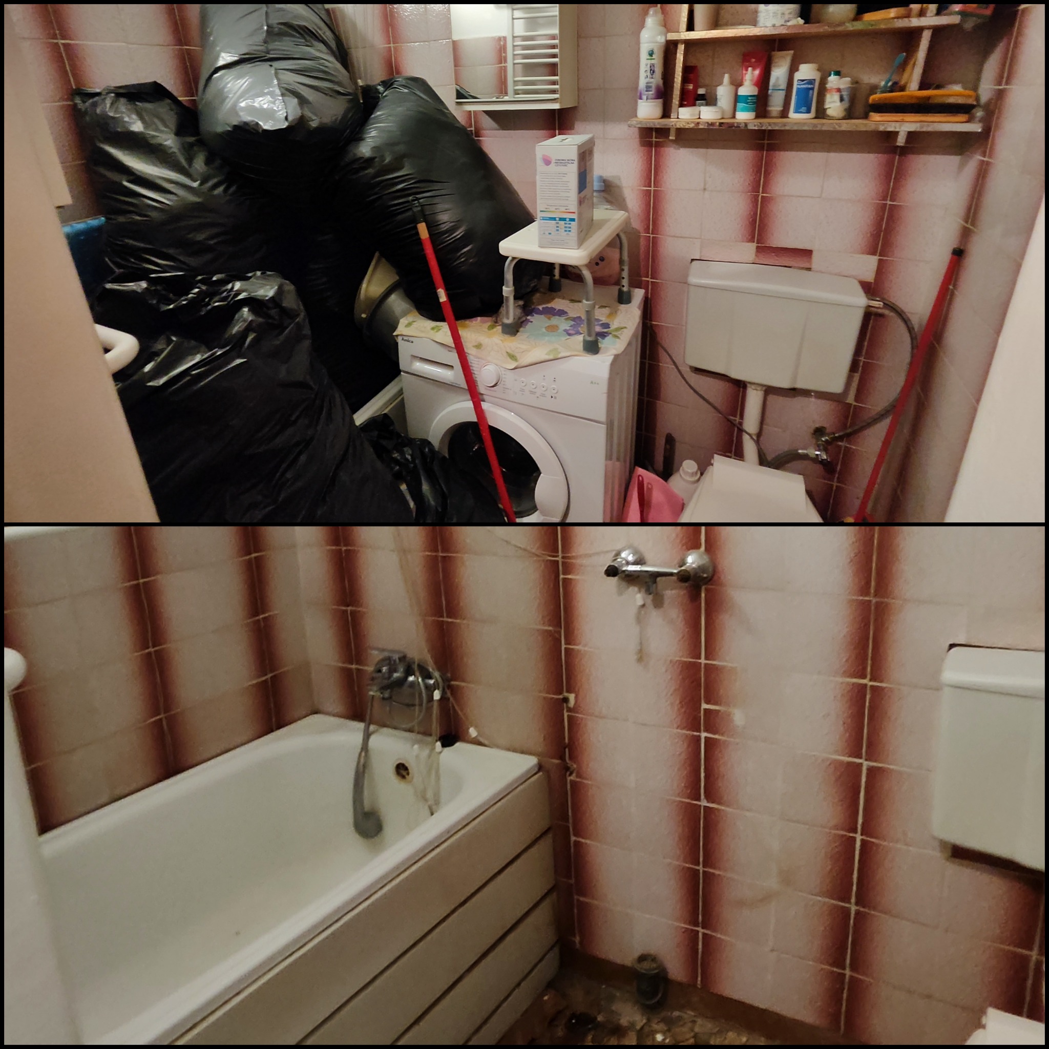 Łazienka z dużą ilością czarnych worków na śmieci, stojących przy pralce i toalecie, widoczna wanna i brudne płytki.