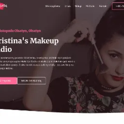 Strona internetowa salonu makijażu Christina's Makeup Studio z Olsztyna, prezentująca portret kobiety z pędzlami do makijażu, widoczne menu strony: Strona główna, O nas, Usługi, Portfolio, Kontakt...