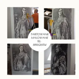 Cztery kadry z montażu tapet z portretami historycznymi; mężczyzna na drabinie dociska tapetę szmatką; w centralnej części kolażu okrąg z napisem 'Tapetowanie Malowanie Tel: 881626514'.